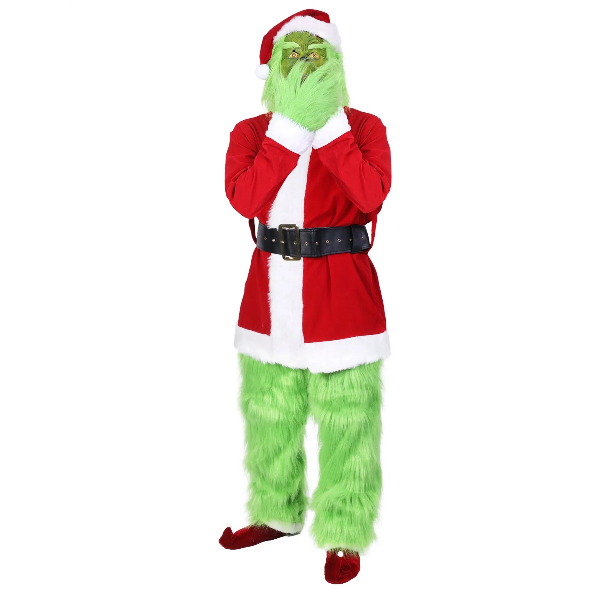 Christmas Costume for Men Green Big Monster 7PCS Deluxe Adult Santa Suit Xmas Furry Outfit Set Halloween Holiday -XXL