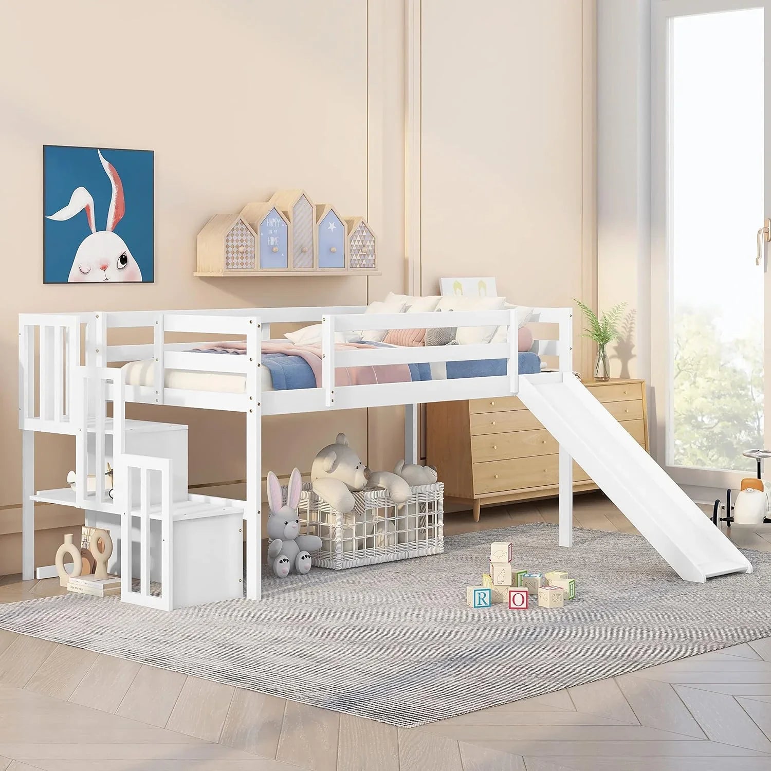 NLTBONNIE Harper &amp; Bright Designs Low Loft Bed with Slide and Wood Twin Size Loft Bed Frame with Stairs Safety Rail for Toddlers Teens No Box Spring Needed (White)