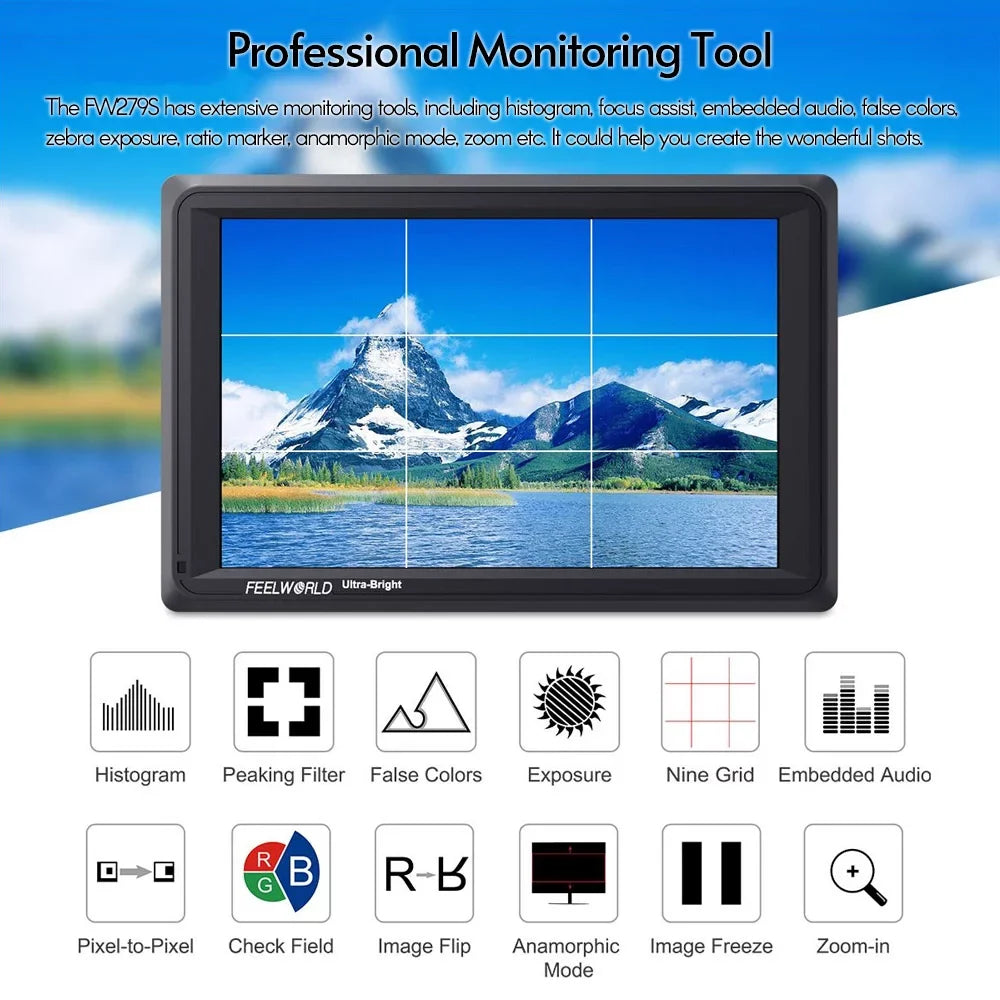 FEELWORLD FW279S 7 Inch 2200nit Ultra Bright Daylight Viewable Field Monitor Thin Design 3G-SDI 4K Input Output 1920*1200 IPS Panel for Outside / Viewable Even in Direct Sunlight