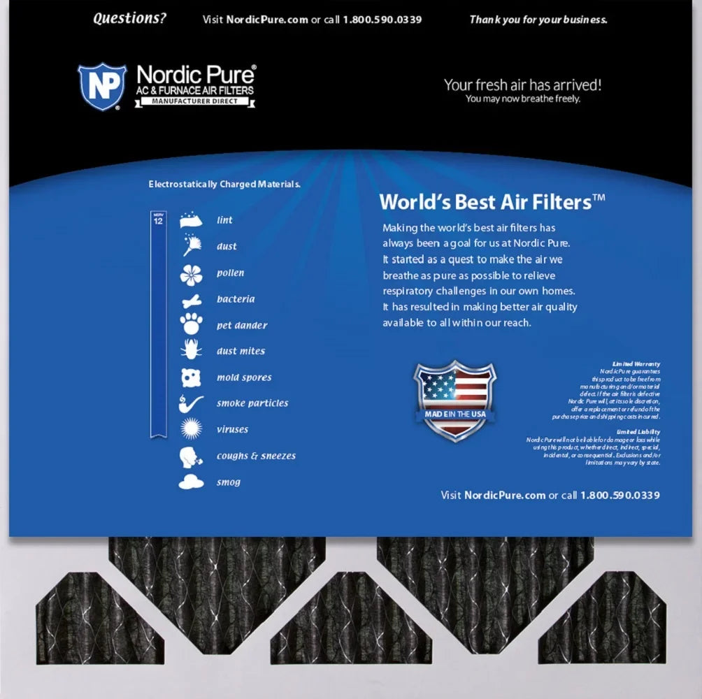 Nordic Pure 16x16x1 Pleated Air Filters MERV 12 Pleated Plus Carbon 12 Pack