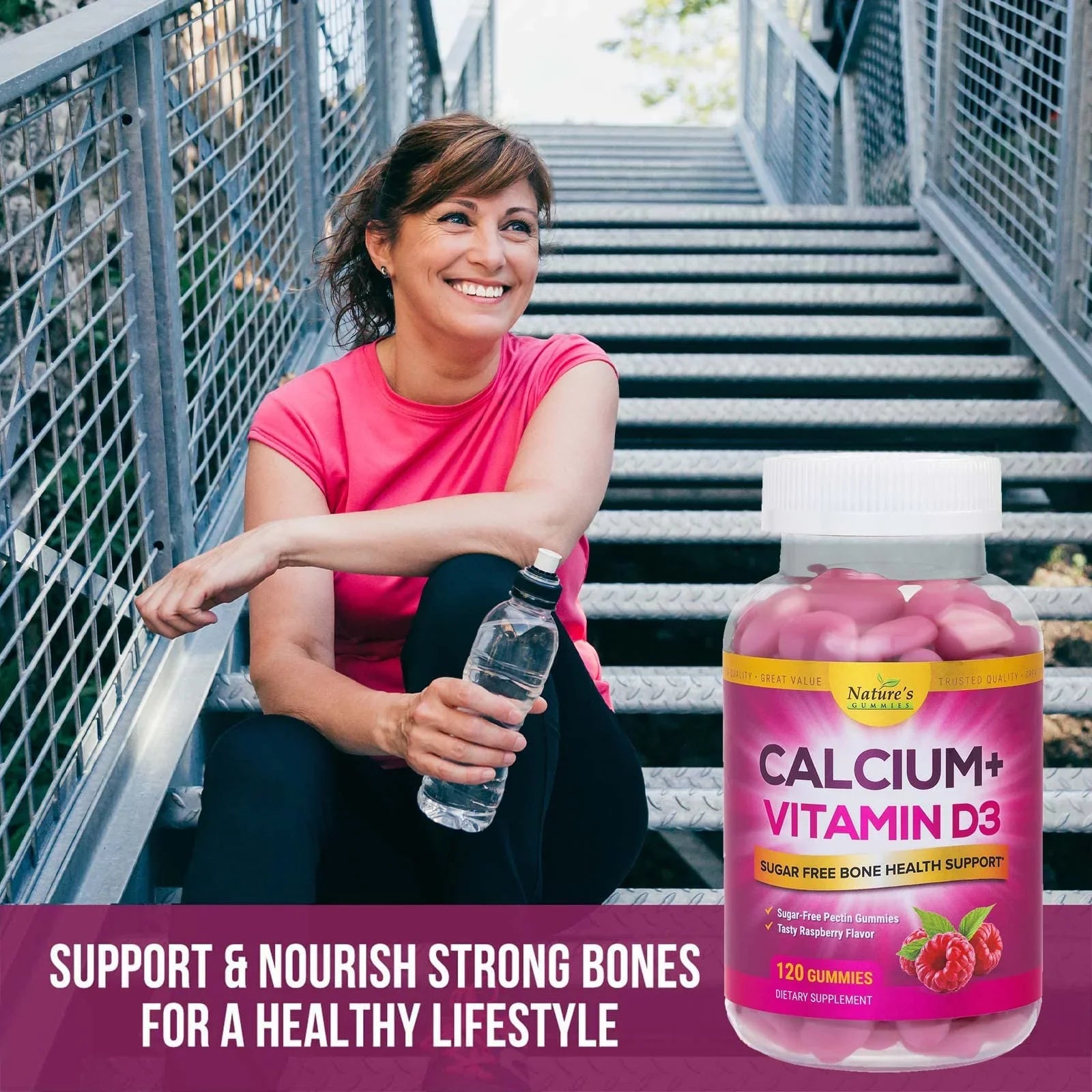Sugar Free Calcium Gummy Bites Plus 400 IU Vitamin D3, Bone Health & Immune Support, Supports Bone Strength - Chewable Calcium Nutrition Supplement, Non-GMO, Berry Flavor Chews - 120 Gummies
