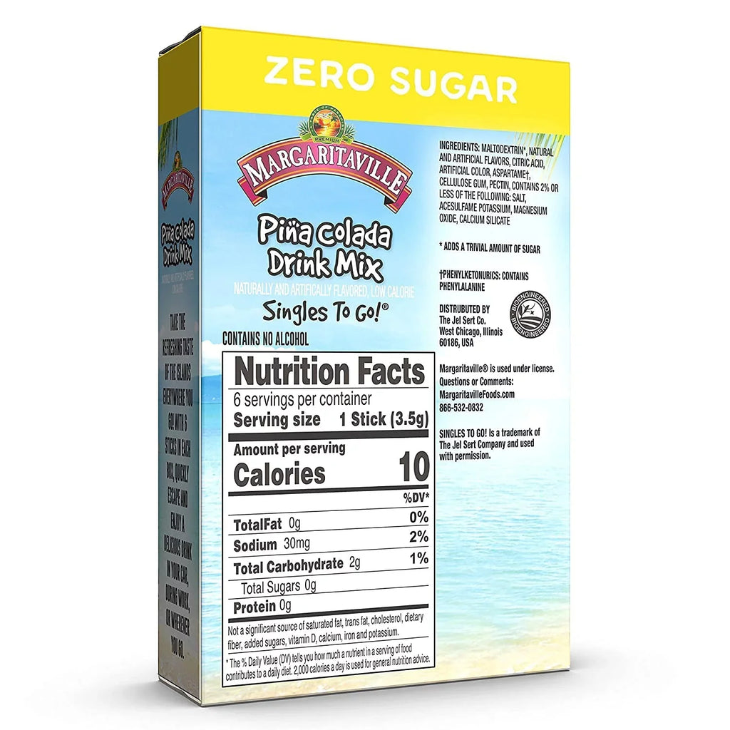 Margaritaville Singles To Go Water Drink Mix - Margarita Flavored, Non-Alcoholic Powder Sticks (Pina Colada, Pack - 6)