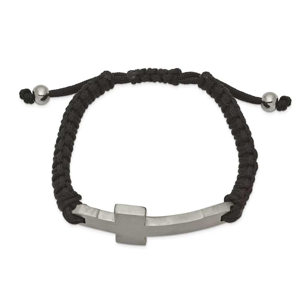 Primal Steel Stainless Steel Brushed and Polished Black Nylon Adjustable Cross Bracelet