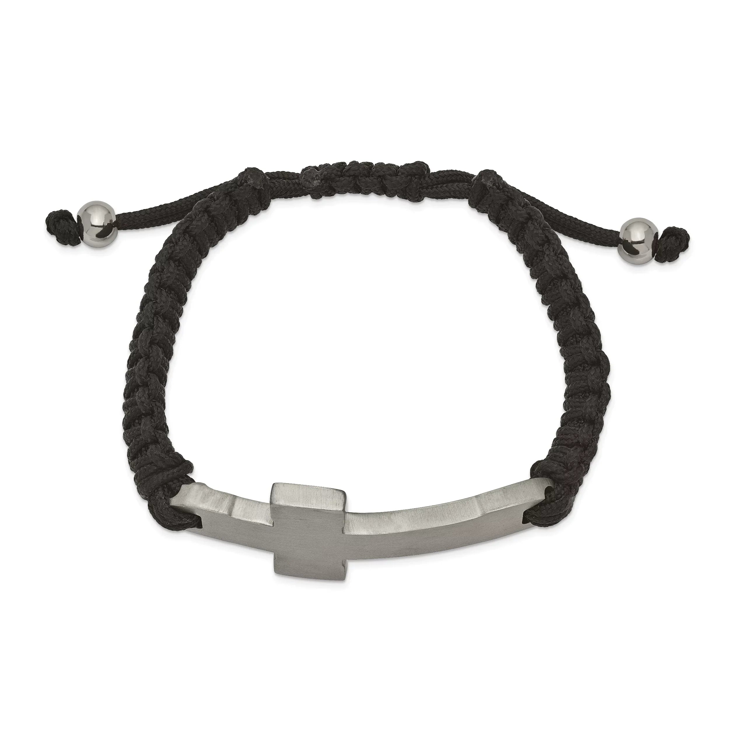 Primal Steel Stainless Steel Brushed and Polished Black Nylon Adjustable Cross Bracelet