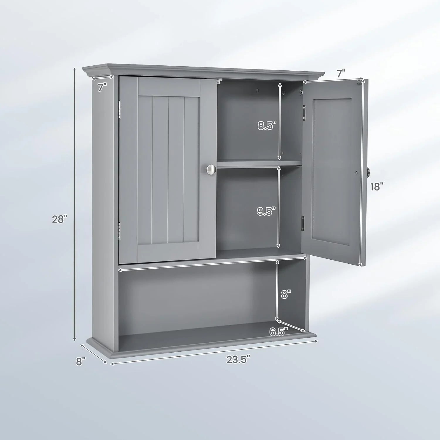 Bathroom Wall Cabinet, Wooden Hanging Storage Cabinet with Doors & Shelves, Multipurpose Storage Cabinet for Bathroom Kitchen Living Room, Wall Mounted Bathroom Medicine Cabinet, Grey