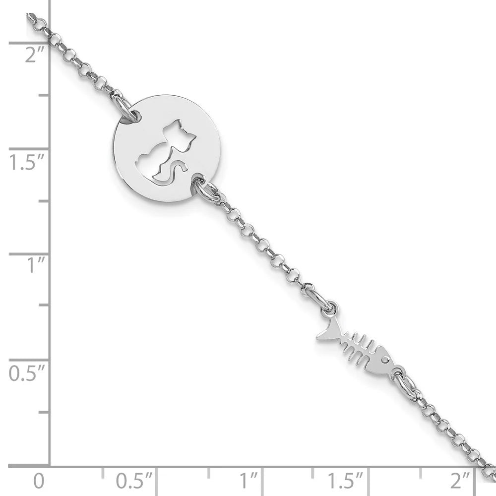 Auriga Fine Jewelry 925 Sterling Silver Rhodium Plated Kitty and Fish Bracelet 7inch for Women