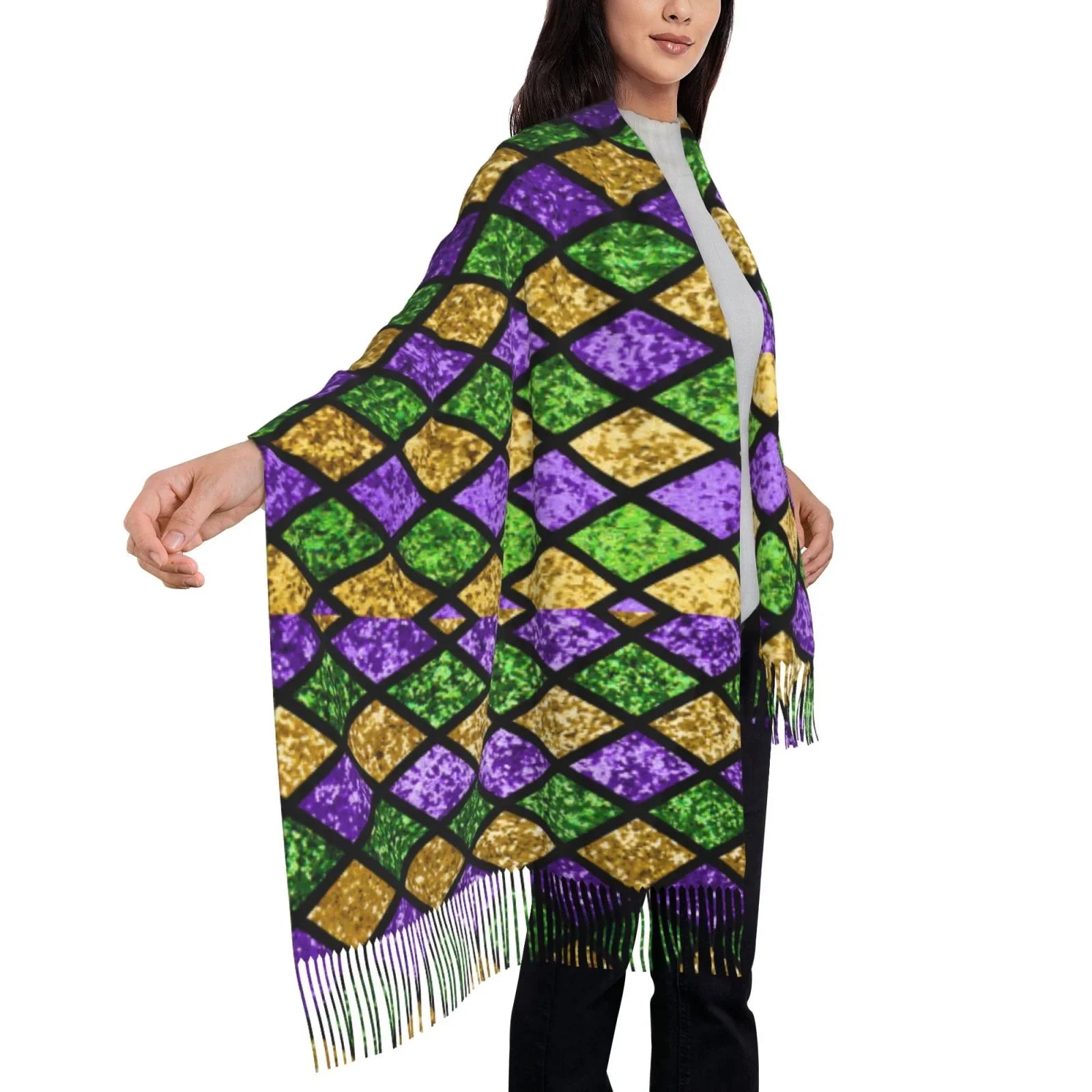 Bingfone Soft Cashmere Feel Scarf For Women Elegant Art Print Winter Warm Scarves Large Shawl Wrap Gifts- Mardi Gras Shiny Green Purple