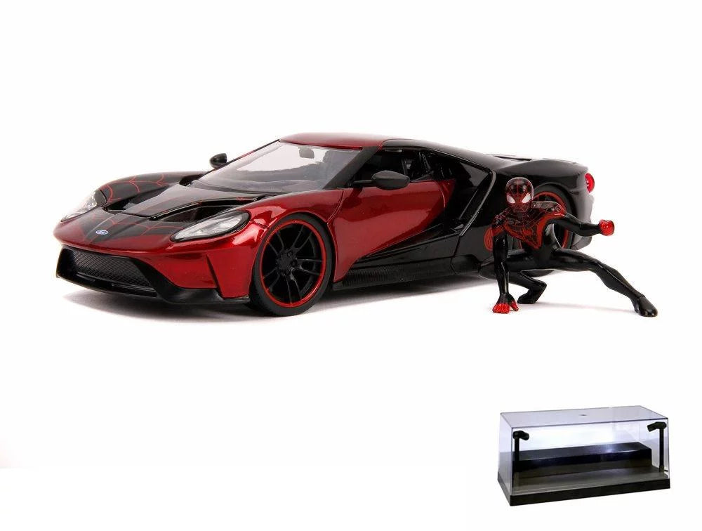 Diecast Car w/Display Case - 2007 Ford GT with Miles Morales Spider Man Figure, Red and Black - Jada 31190/4 - 1/24 Scale Diecast Model Toy Car