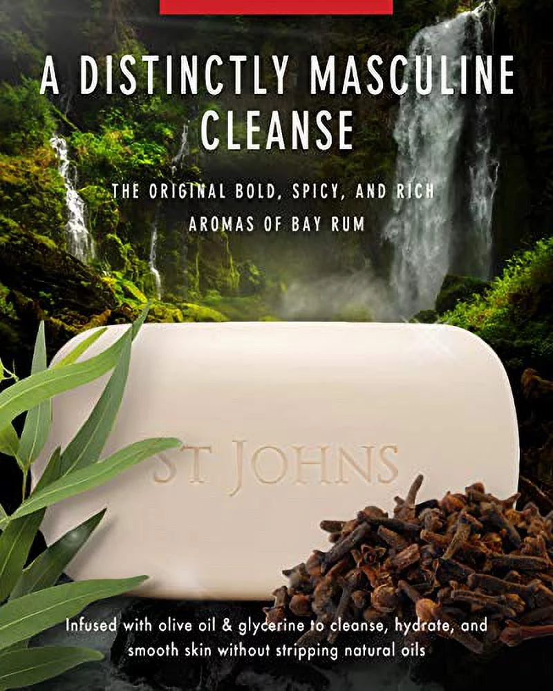 St. John Bay Rum Soap Bar , USA Made, Triple-milled Mens Soap Bar , Hydrating Bar Soap for Men with Olive Oil & Glycerine , Luxury Body Soap Bar for men , (7 oz Bar) Bay Rum 7 Ounce (Pack of 1)