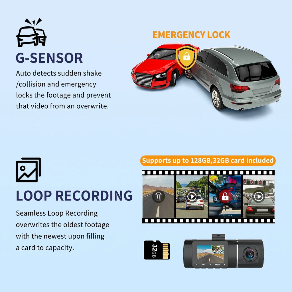 Abask J05 PRO DashCam 4K WiFi - Car Camera Front and Inside with Infrared Night Vision, 24H Parking Monitoring, Motion Sensor, 310° Wide Angle, G-Sensor, Loop Recording, HDR, Up to 128 GB