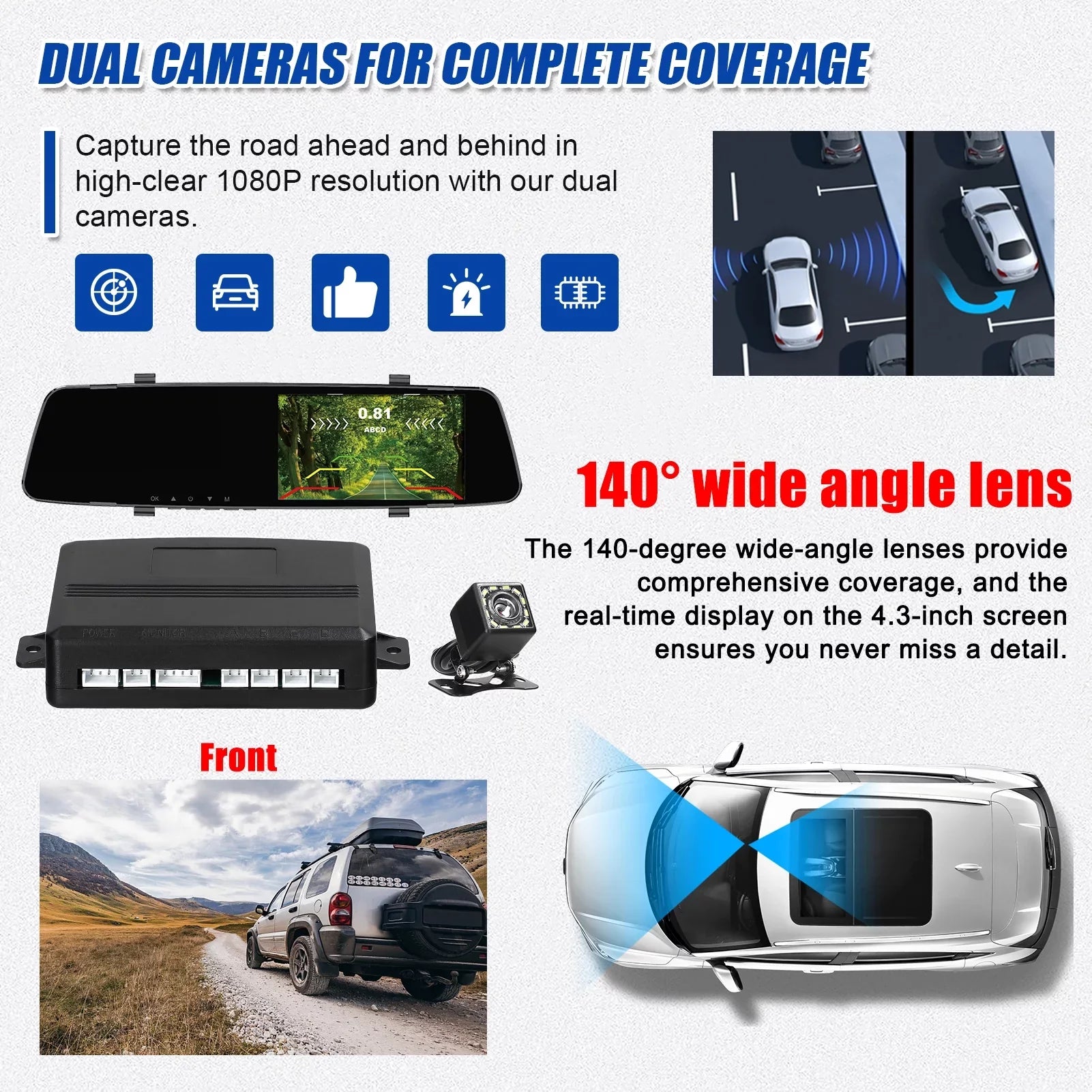 Dazzduo Dash Camera,Camera 4.3 Inch 1080P DVR Dash 4 Reverse Radars Rear Dual Camera Radars Rear Dual Reverse Radars Rear 4.3 Inch Screen Inch Screen Support Dash Camera Reco Dash Cam Rear