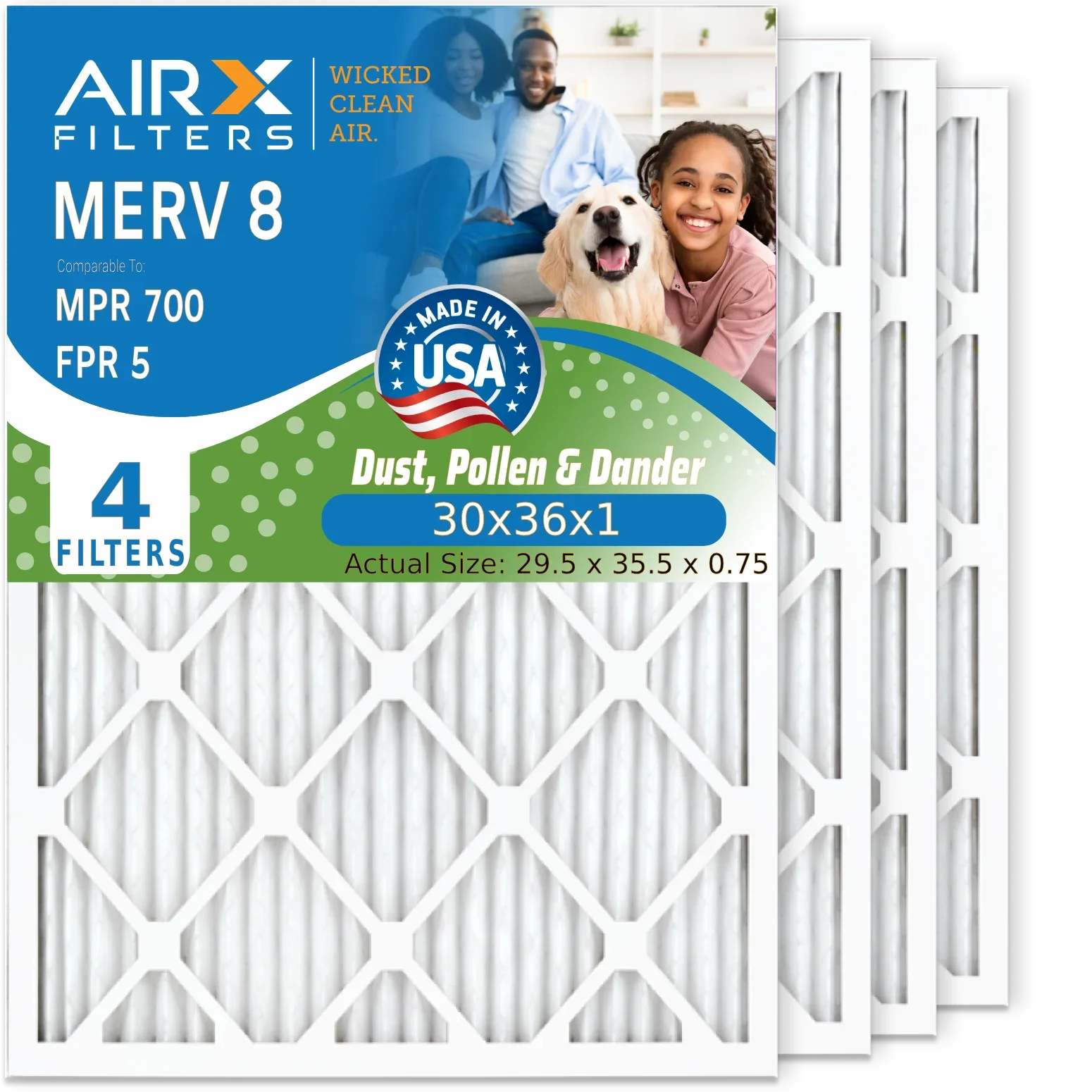 30x36x1 Air Filter MERV 8 Comparable to MPR 700 & FPR 5 Electrostatic Pleated Air Conditioner Filter 4 Pack HVAC AC Premium USA Made 30x36x1 Furnace Filters by AIRX FILTERS WICKED CLEAN AIR.