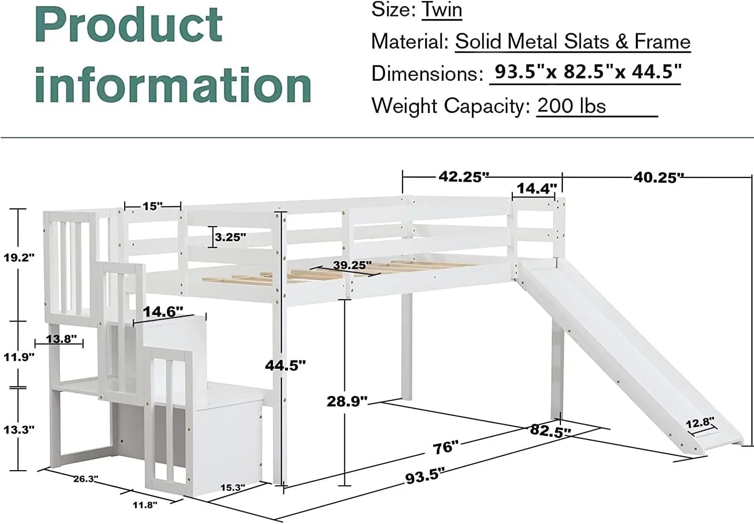 NLTBONNIE Harper &amp; Bright Designs Low Loft Bed with Slide and Wood Twin Size Loft Bed Frame with Stairs Safety Rail for Toddlers Teens No Box Spring Needed (White)
