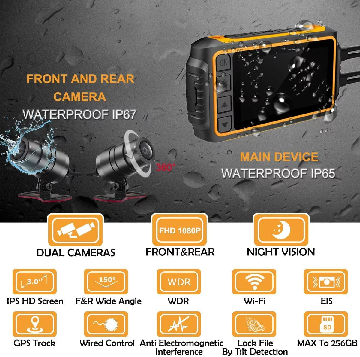ZOMFOM Dash Cam Waterproof Recording Camera for Motorcycle, 3'' LCD Front and Rear FHD 1080P Waterproof Lens Wide Angle 150° with Wi-Fi, GPS, Wired Control, EIS and G-Sensor, Max up to 256GB