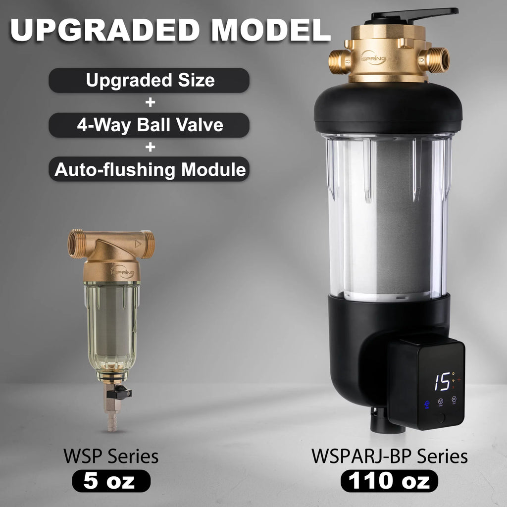 iSpring WSP500ARJ-BP Whole House Prefilter, Spin-Down Sediment Water Filter with Bypass, Upgraded Clear Housing, Jumbo Size, Flushable and Reusable, Touch-Screen Auto Flushing, 4 Modes, 500 Microns