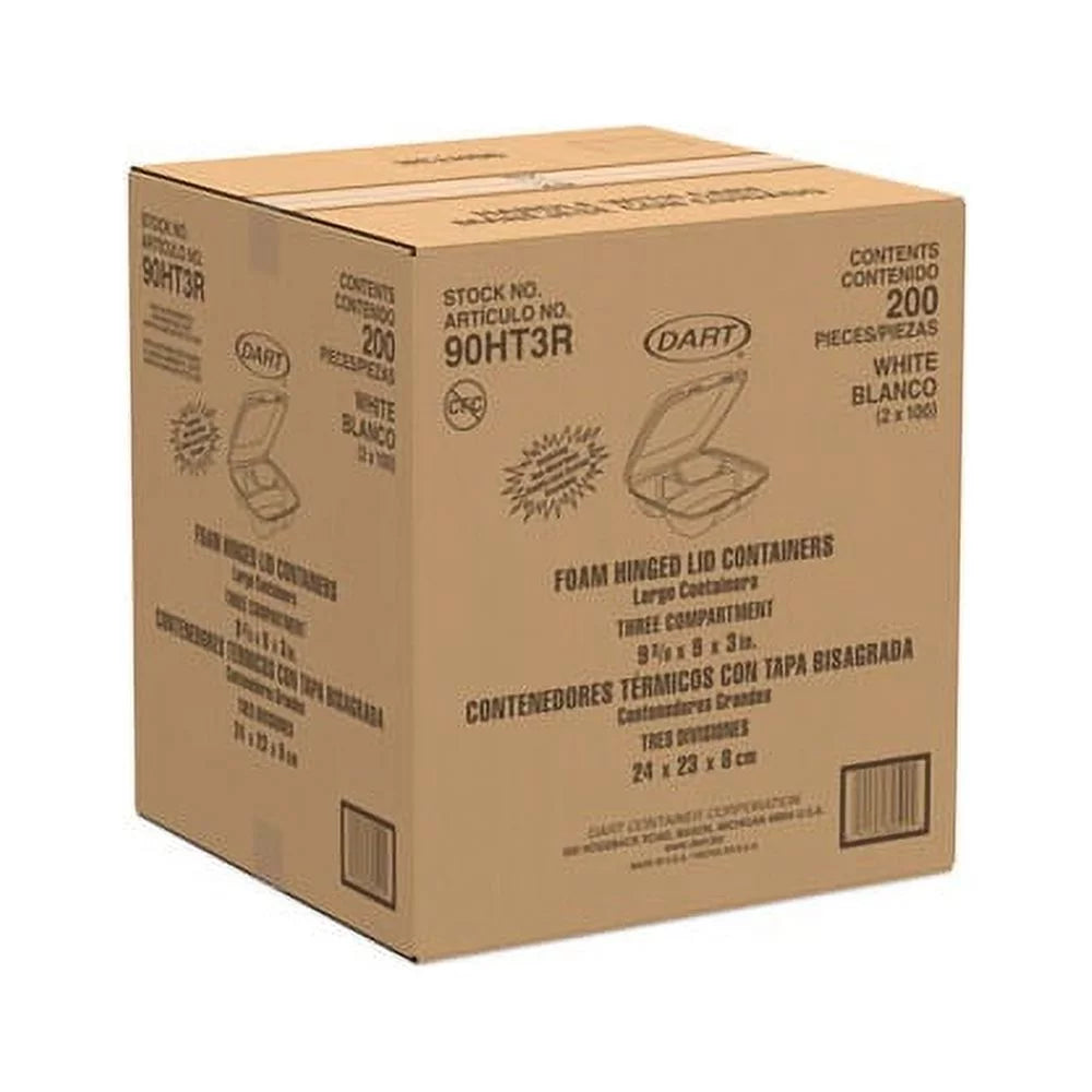 Dart 3-comprtmt Large Foam Closing Carryout Trays