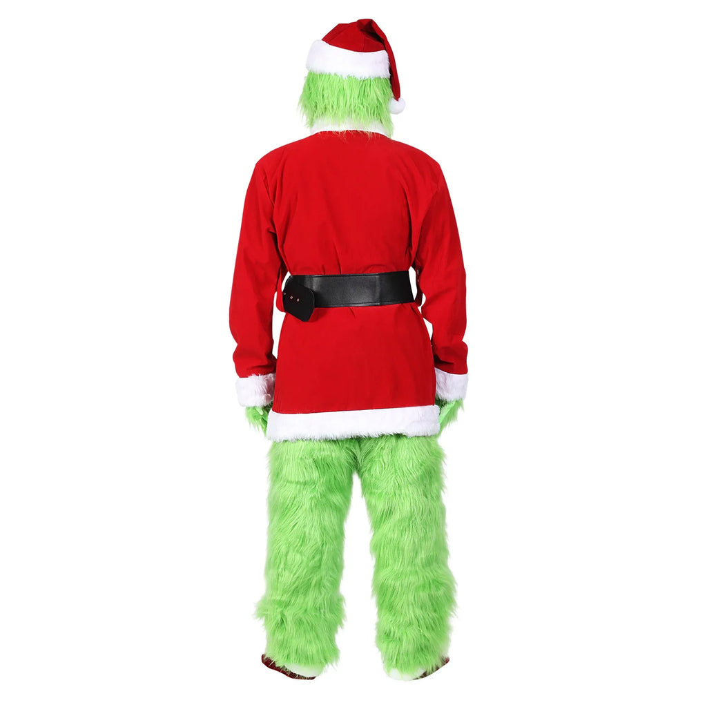 Christmas Costume for Men Green Big Monster 7PCS Deluxe Adult Santa Suit Xmas Furry Outfit Set Halloween Holiday -XXL