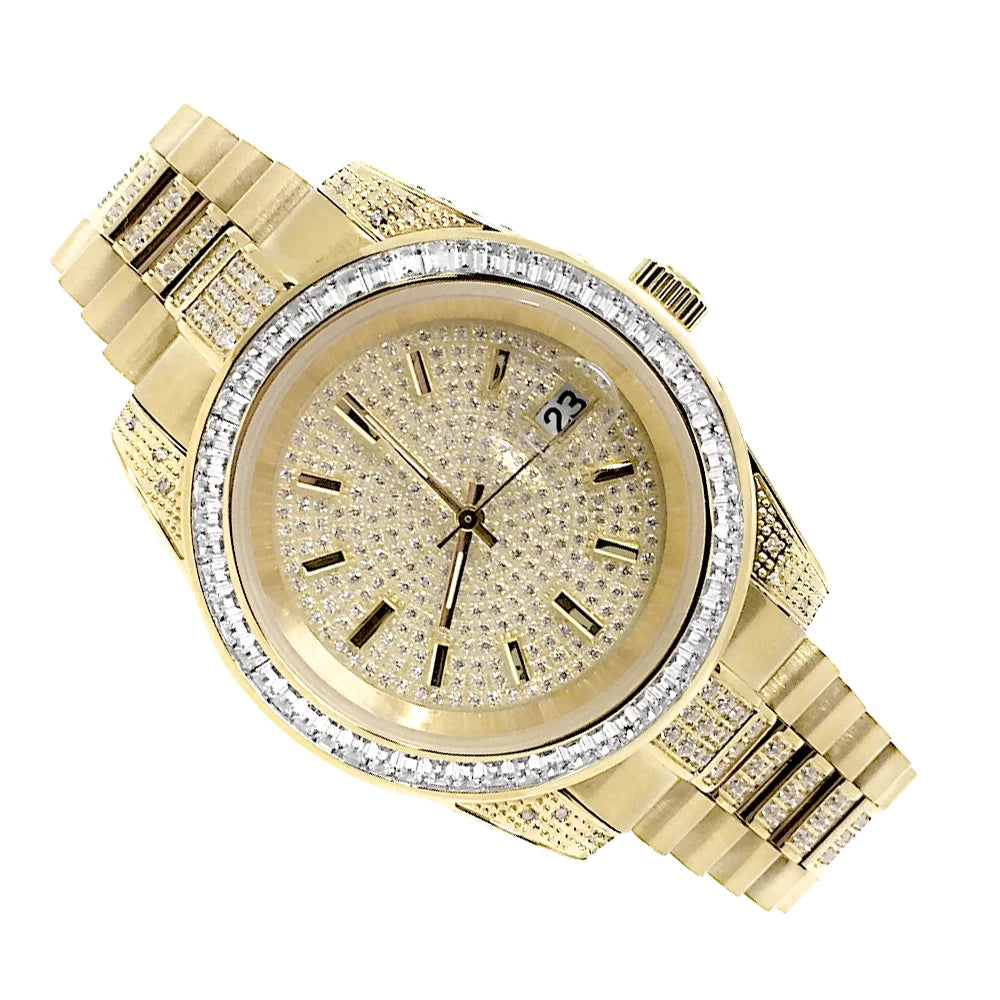 Unisex 18k Yellow Gold Finish Stainless Steel Simulated Diamond Presidential Watch 41MM New Tarnish Free