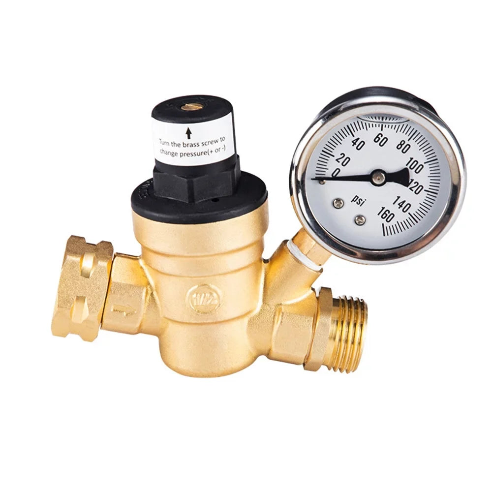 moobody Brass Water Pressure Regulator Valve for RV Travel Trailer, Adjustable Reducer with Gauge and Inlet Screened Filter