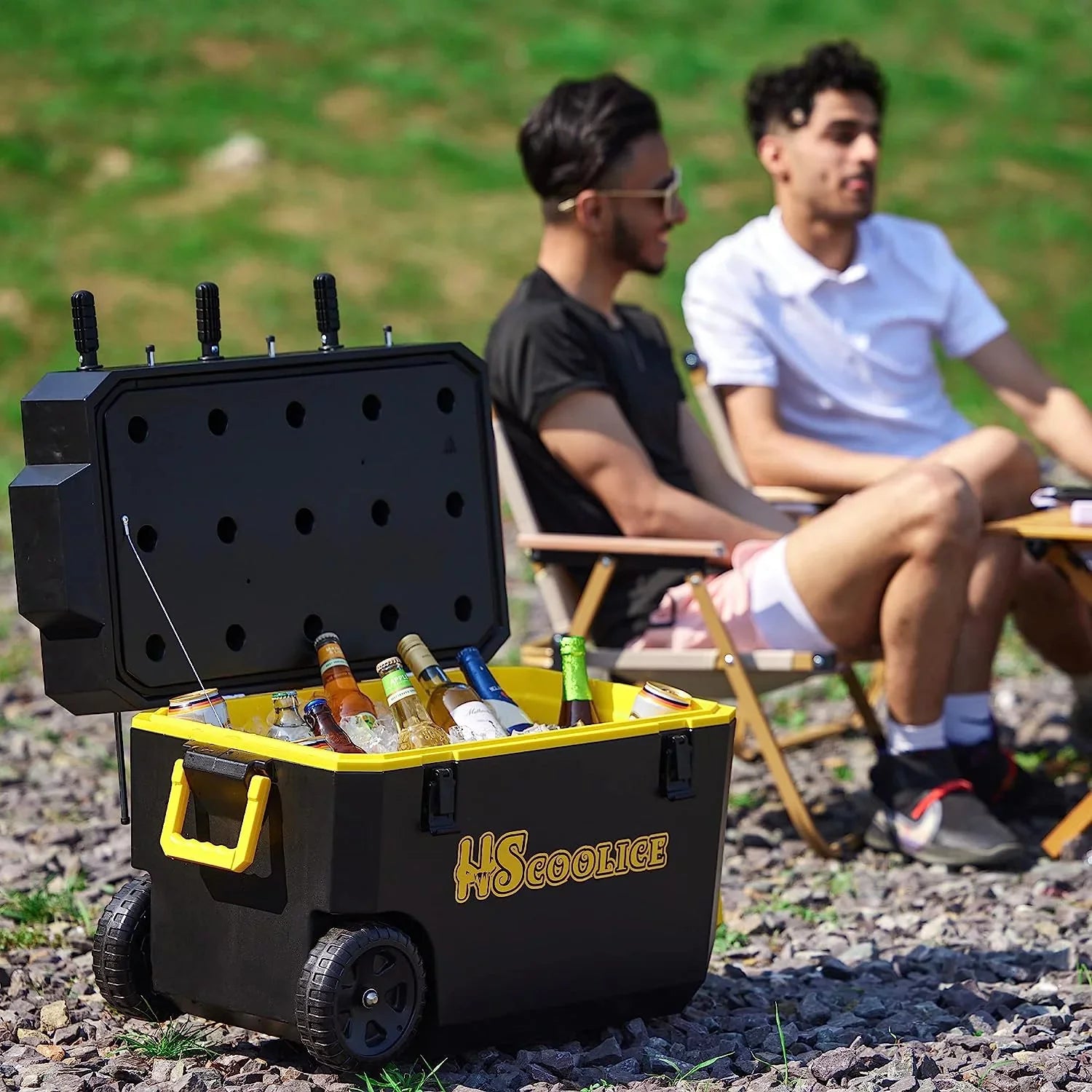 Cooler - 65 QT Ice Chest with Foosball Table, Portable Hard Cooler with Wheels, Optimal for Camping, Picnic, Barbecue, Outdoor Family Gathering Black & Red