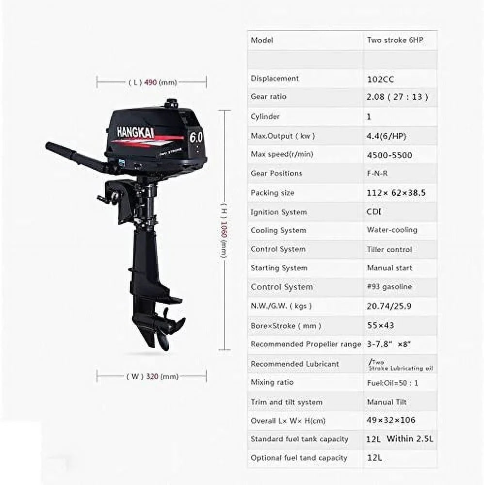 MONIPA 6 HP 2-Stroke Outboard Motor Tiller Shaft Inflatable Fishing Watercraft Marine Engine Water Cooling CDI System