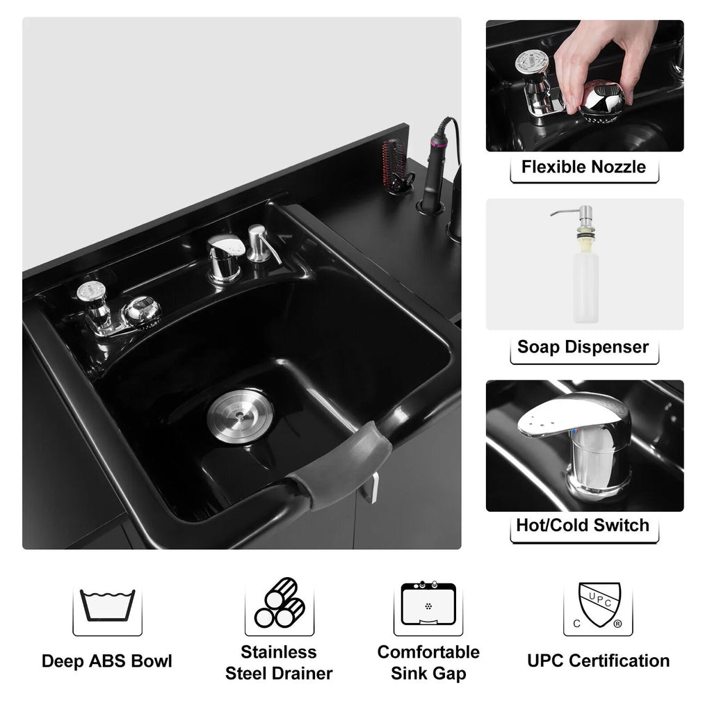 Artist hand Backwash Sink Shampoo Station Hair Salon Beauty with USB,Hair Dryer Holes,P Trap,Drawer(Black)