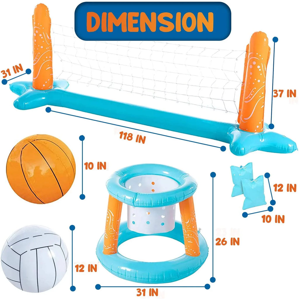 Blossom Pool Basketball Hoop and Pool Volleyball Set with Pool Net, Weight Bags - 2-in-1 Inflatable Floating Swimming Pool Games for Family | Light Blue