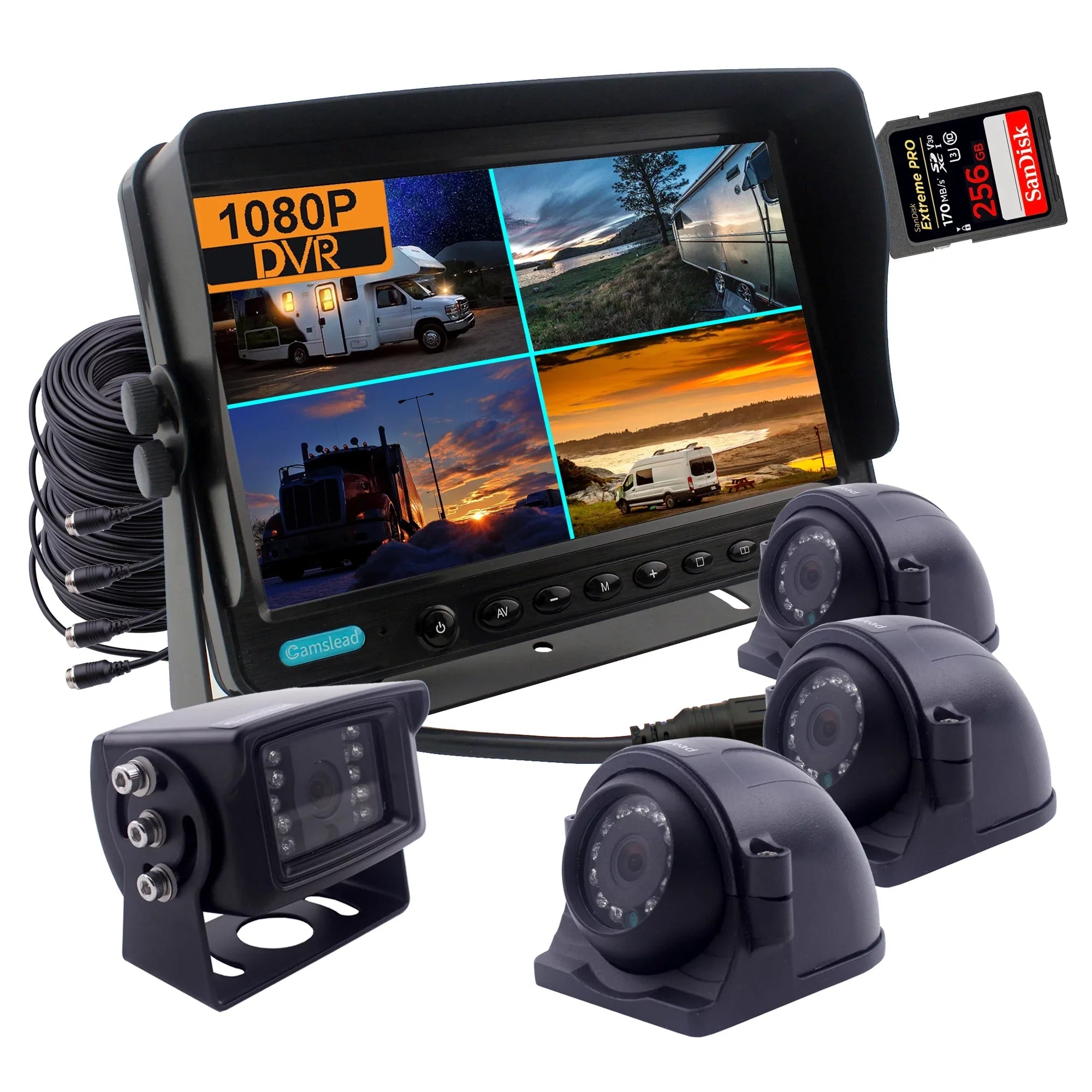 CAMSLEAD 9 inch digital monitor 1080P HD Rear View Camera System, HD DVR Recorder, 4 Channel Input, Quad Split Screen, 3X Side View Camera, 1x Backup Camera, Heavy Duty Waterproof, for RV Trailer