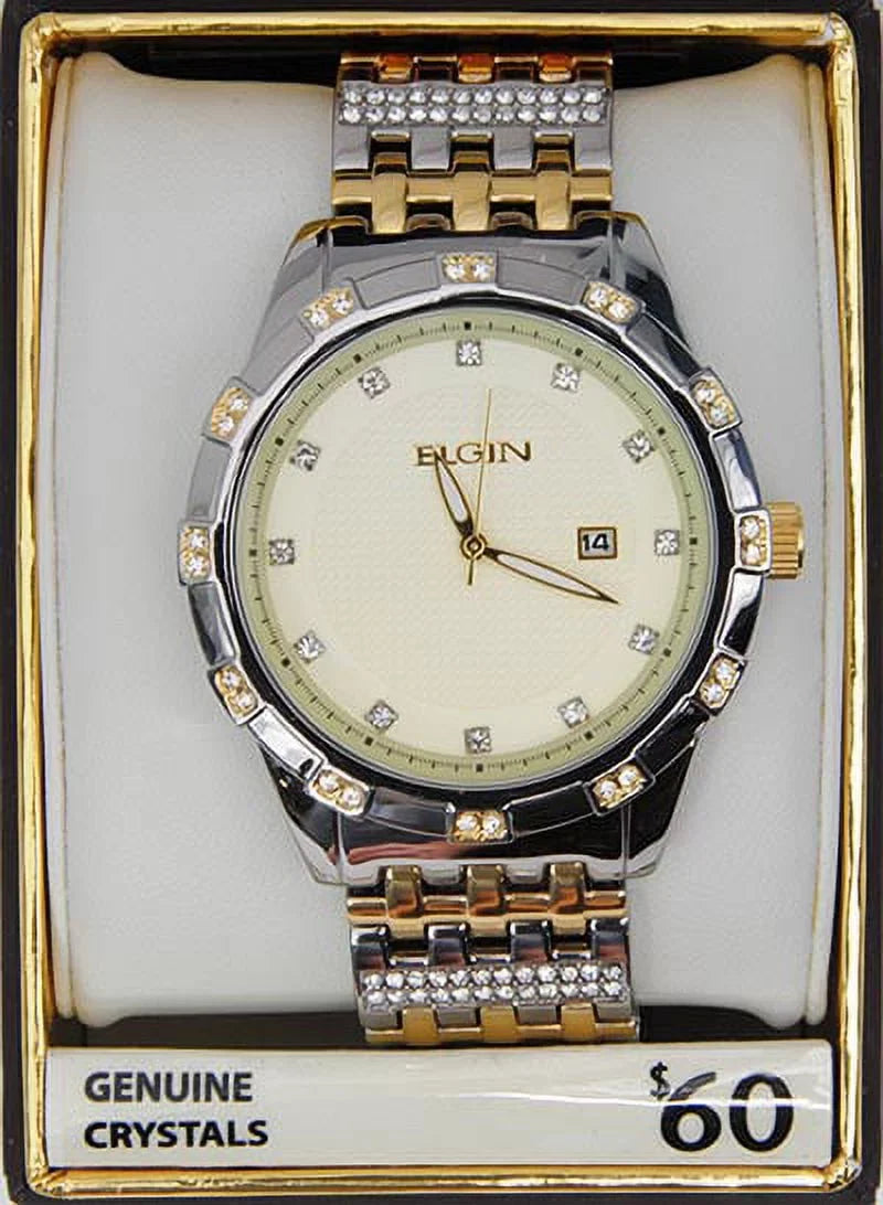 Elgin Adult Male Two-Tone Champagne Dial Crystal Accented Bracelet Watch Stainless Steel (FG9100)
