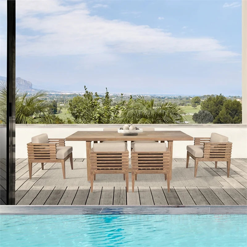 Glendora Island Outdoor 7 Piece Live Edge Dining Set in Eucalyptus and Rope