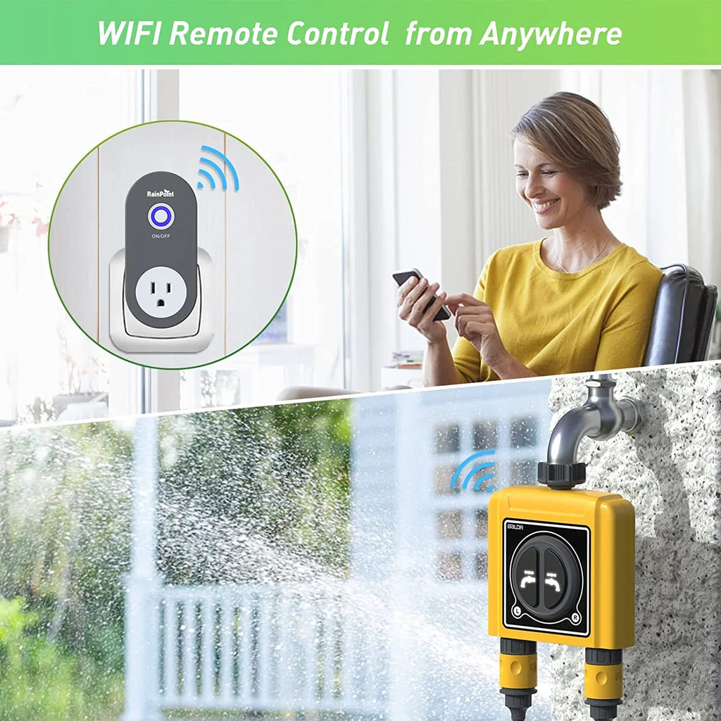 RAINPOINT WiFi Sprinkler Timer 2 Outlets Water Timer, Smart Hose Timer, 2-Zone Watering System Irrigation Valve Controller with Wi-Fi Hub Socket, Automatic Rain Delay, Voice Control, for Garden Lawn