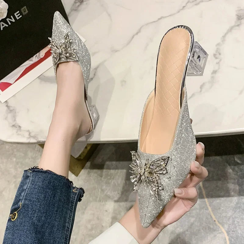 Crystal Luxury High Heels Women Mules Shoes Sexy Pointed Toe Sandals 2024 Summer Designer Dress Flip Flops Pumps Slides