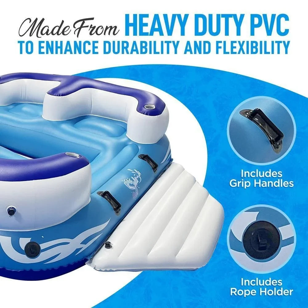 SereneLifeHome Inflatable 4- Person Floating Island Raft, Party Island Raft w/ 4 Drink Holders, Use for Lounging on Lake, Beach River or Pool
