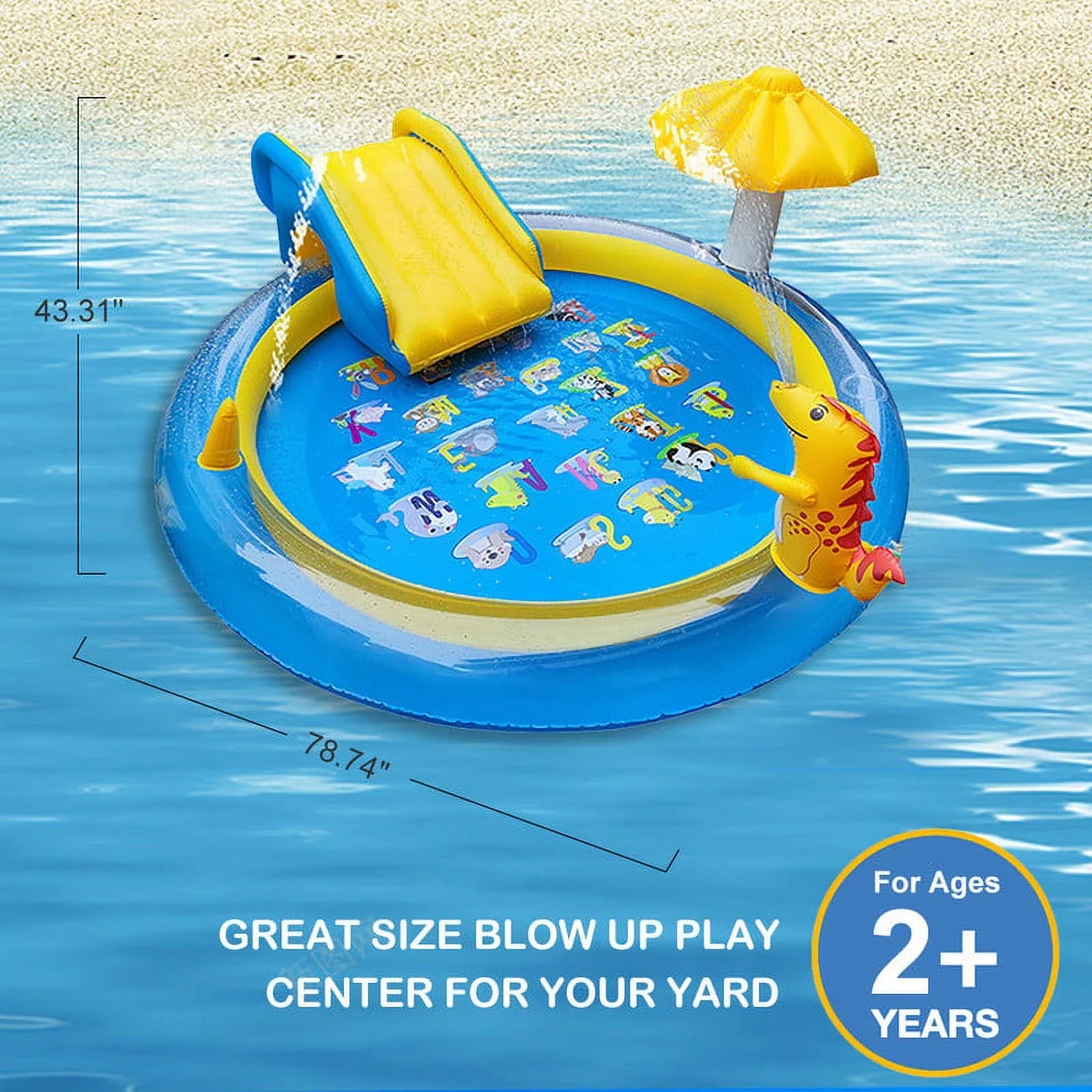 Sanmadrola Dinoland Inflatable Play Center Kiddie Pool with Slide for Age 2+ Kids Sprinkle Wading Pool Cute Dinosaur Toddler Pools for Backyard Outdoor Indoor, 78 x 78 x 43 Inches, Blue and Yellow