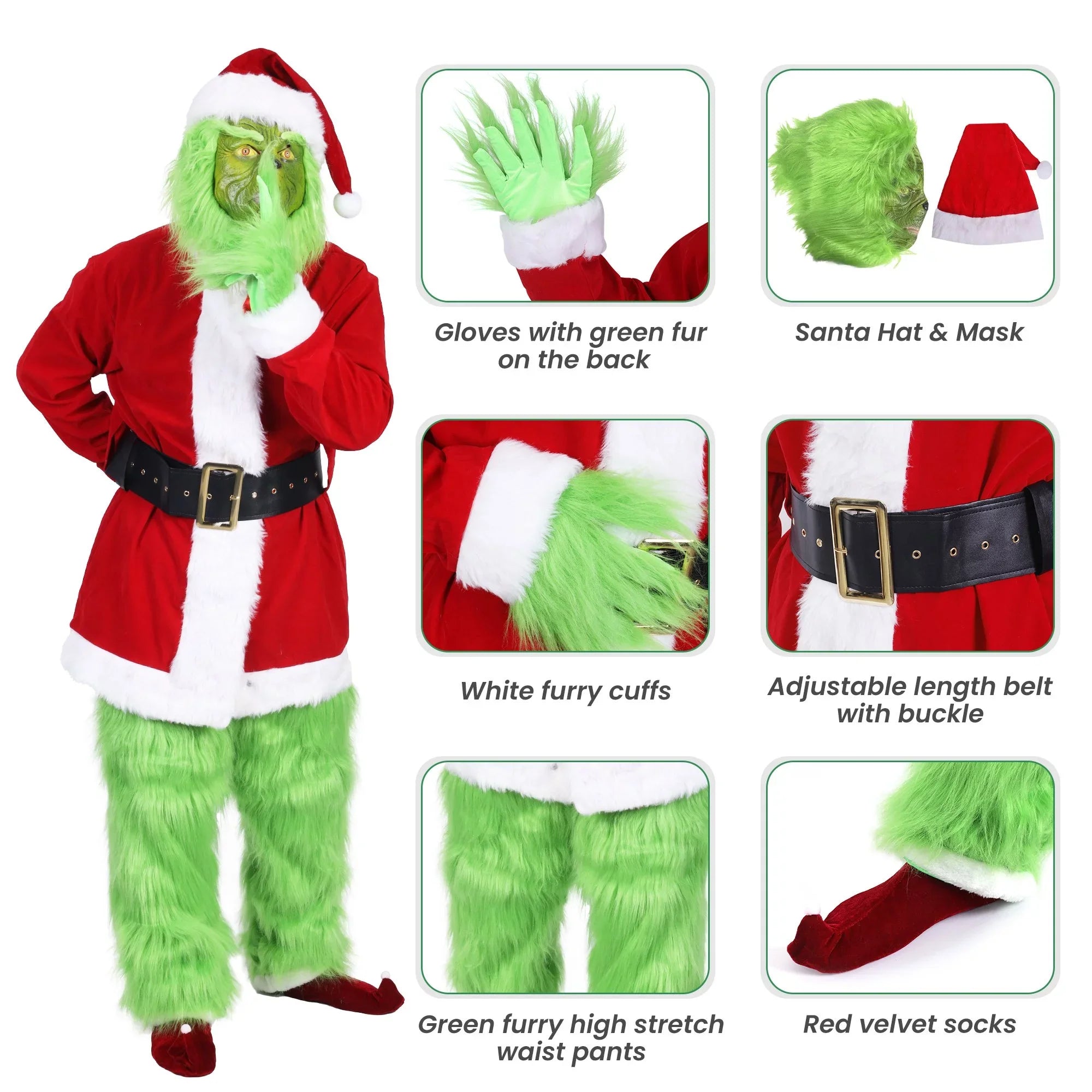Christmas Costume for Men Green Big Monster 7PCS Deluxe Adult Santa Suit Xmas Furry Outfit Set Halloween Holiday -XXL