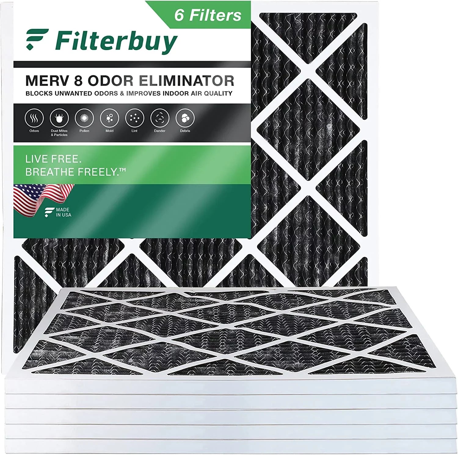 Filterbuy 25x25x1 MERV 8 Odor Eliminator Pleated HVAC AC Furnace Air Filters with Activated Carbon (6-Pack)