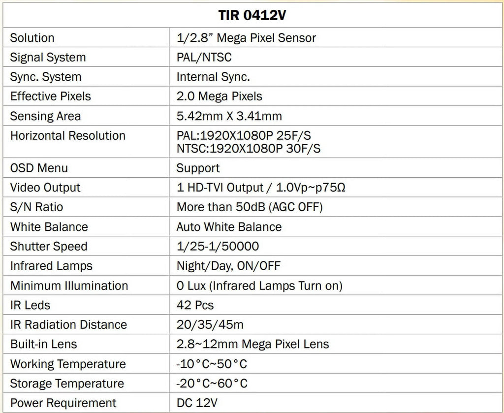 Eyemax TIR-0412V-W HD-TVI 2MP Outdoor Bullet Camera, 2.8-12mm, 42 IR LED 12V DC