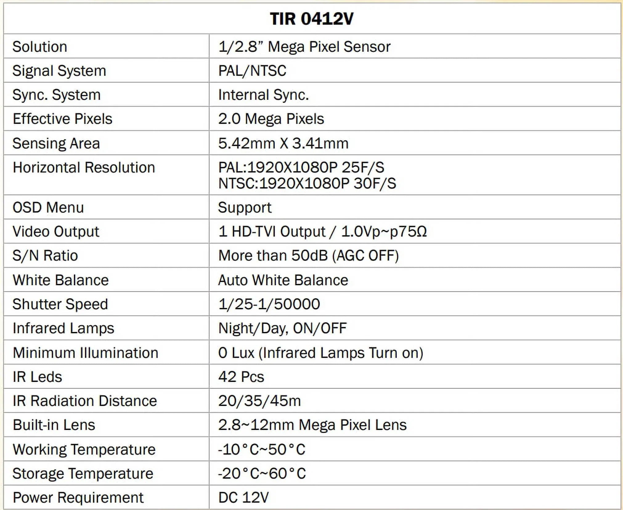 Eyemax TIR-0412V-W HD-TVI 2MP Outdoor Bullet Camera, 2.8-12mm, 42 IR LED 12V DC