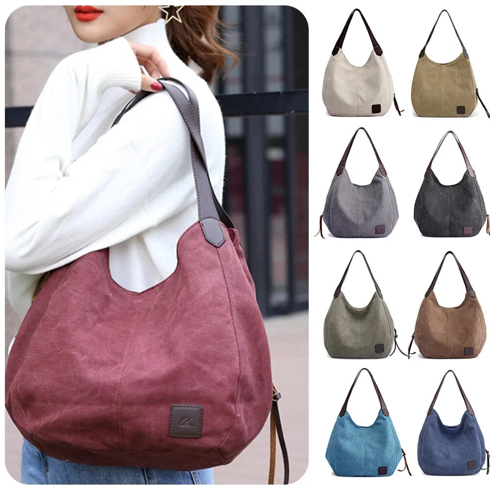 MIXFEER Women Canvas Shoulder Bag Handbag Multi-pockets Vintage Totes Hobo Bags