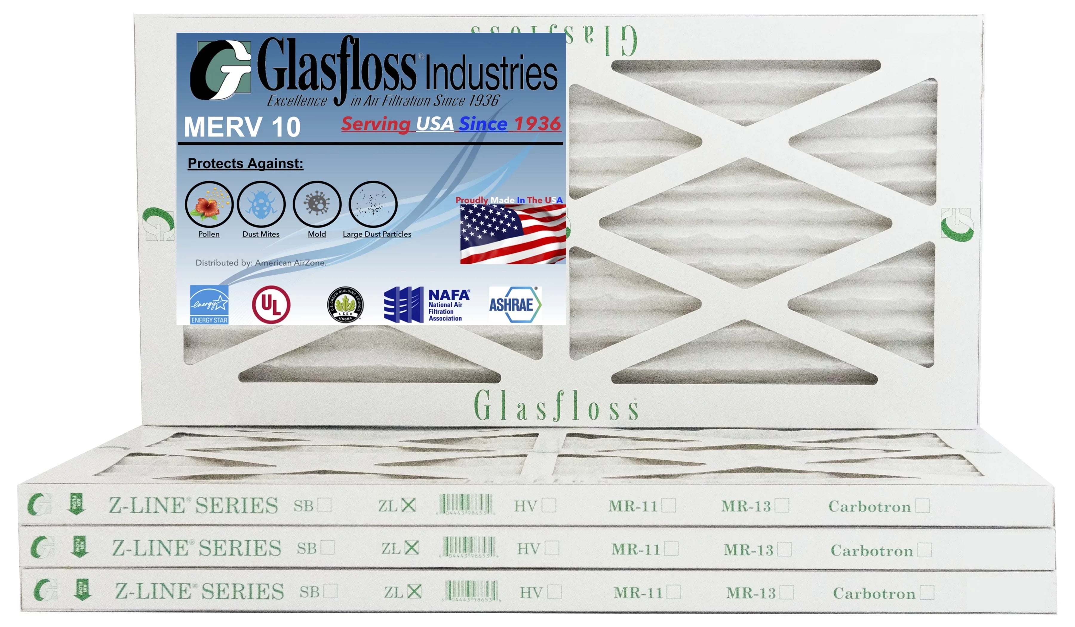 Glasfloss 10x18x1 - MERV 10 -Qty:4 - Furnace Air Filter - Made in USA (Actual Size: 9.5 x 17.5x7/8 inch)