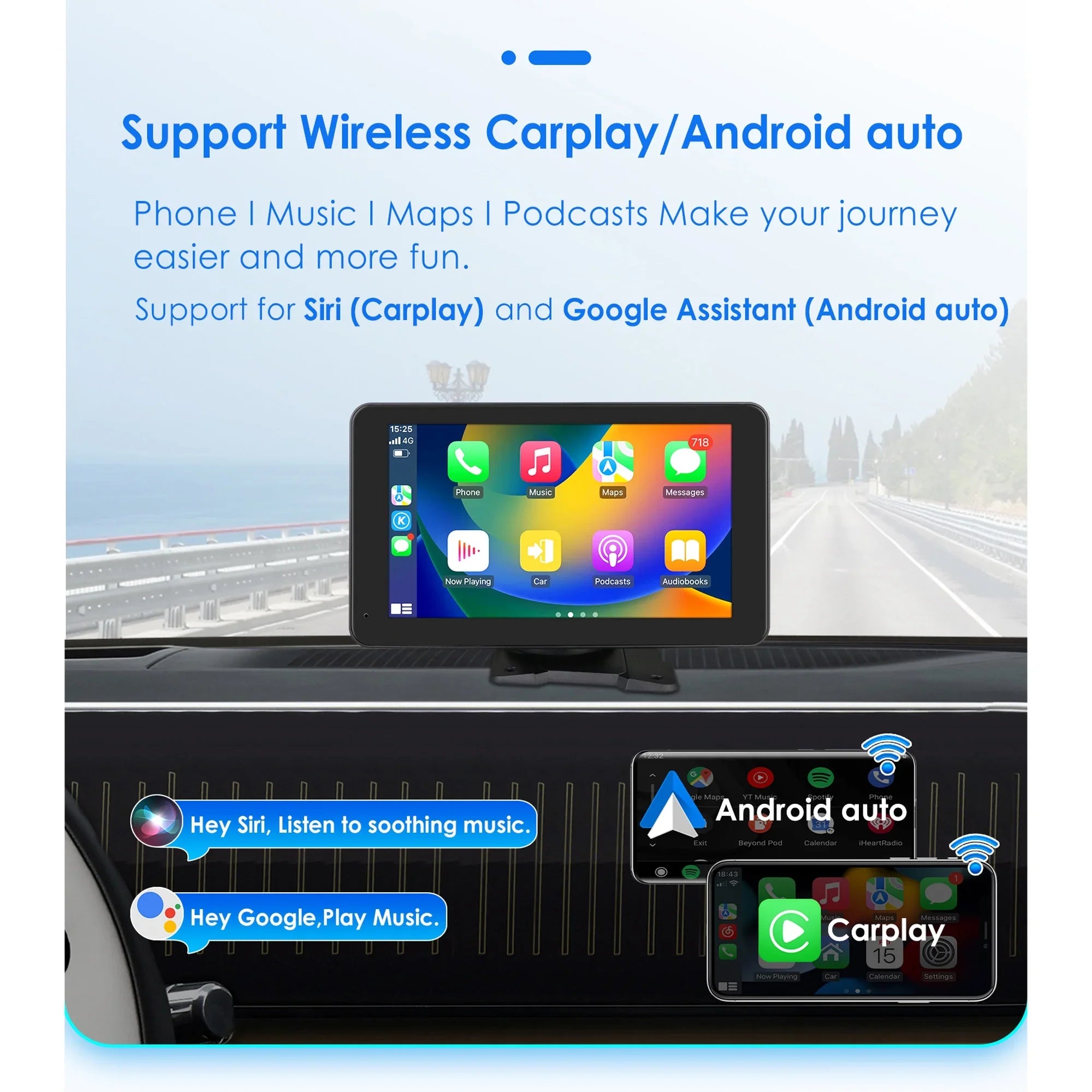 Bluetooth Apple Carplay 7" Touchscreen Portable Car Radio Stereo Head Unit 360° Adjustable Mirror Link Android Auto GPS Navigation Player With Backup Camera
