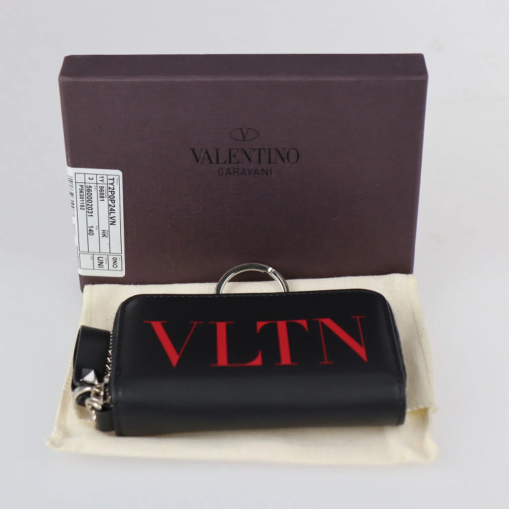 Pre-Owned Valentino Garavani coin case TY2P0P24LVN leather black red silver metal fittings round zipper purse with key ring (Like New)