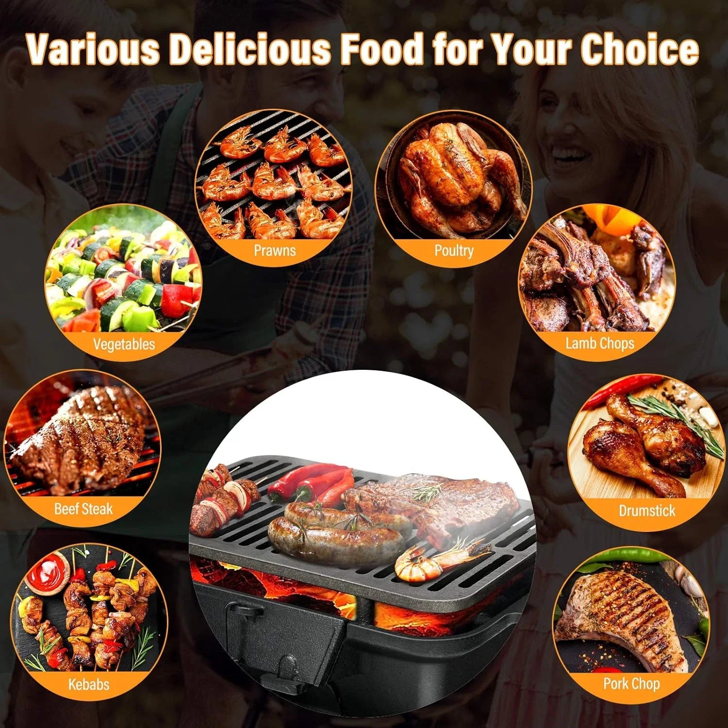 Charcoal Grill Hibachi Grill, Portable Cast Iron Grill with Double-sided Grilling Net, Air Regulating Door, Fire Gate, BBQ Grill Perfect for Outdoor Picnic Camping Patio Backyard Cooking