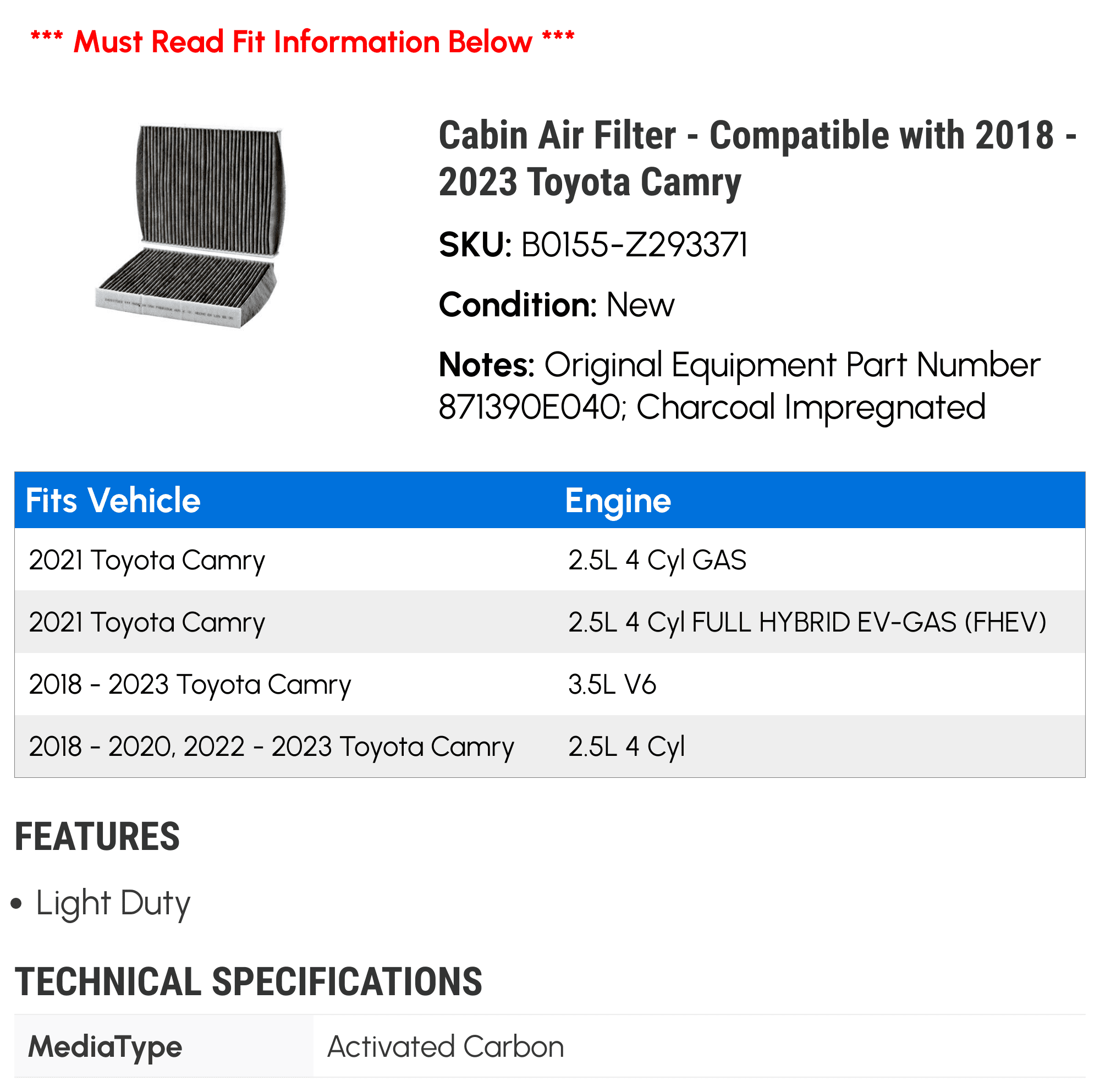 Cabin Air Filter - Suitable with 2018 - 2023 Toyota Camry 2019 2020 2021 2022