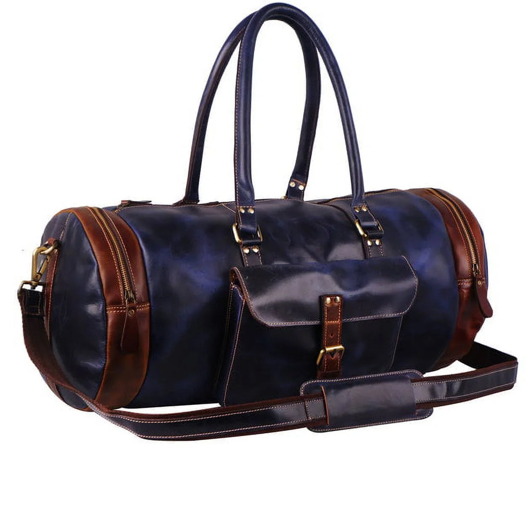 MaheTri Leather Blue Duffel Bag 22" Travel Bag for Gym Sports Weekender Bag