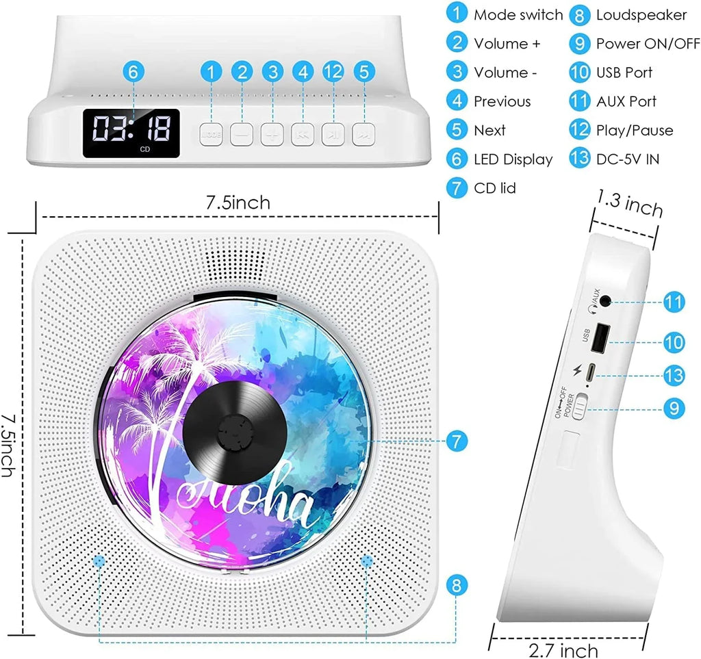 Gueray Portable CD Player with Bluetooth, Desktop CD Music Players for Home Built-in Double HiFi Sound Speakers, Support AUX&USB Headphone Jack, FM Radio Boombox, LCD Screen Display for Kids Gift