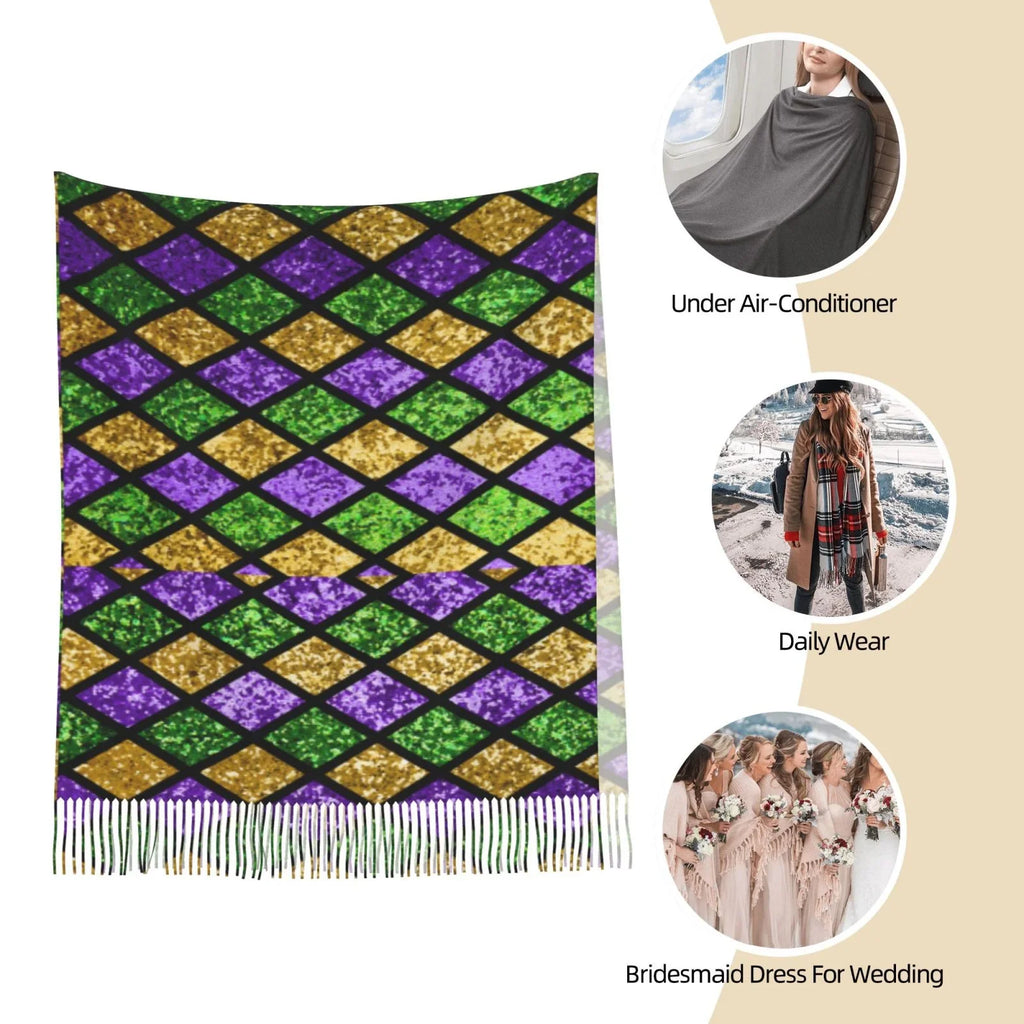 Bingfone Soft Cashmere Feel Scarf For Women Elegant Art Print Winter Warm Scarves Large Shawl Wrap Gifts- Mardi Gras Shiny Green Purple