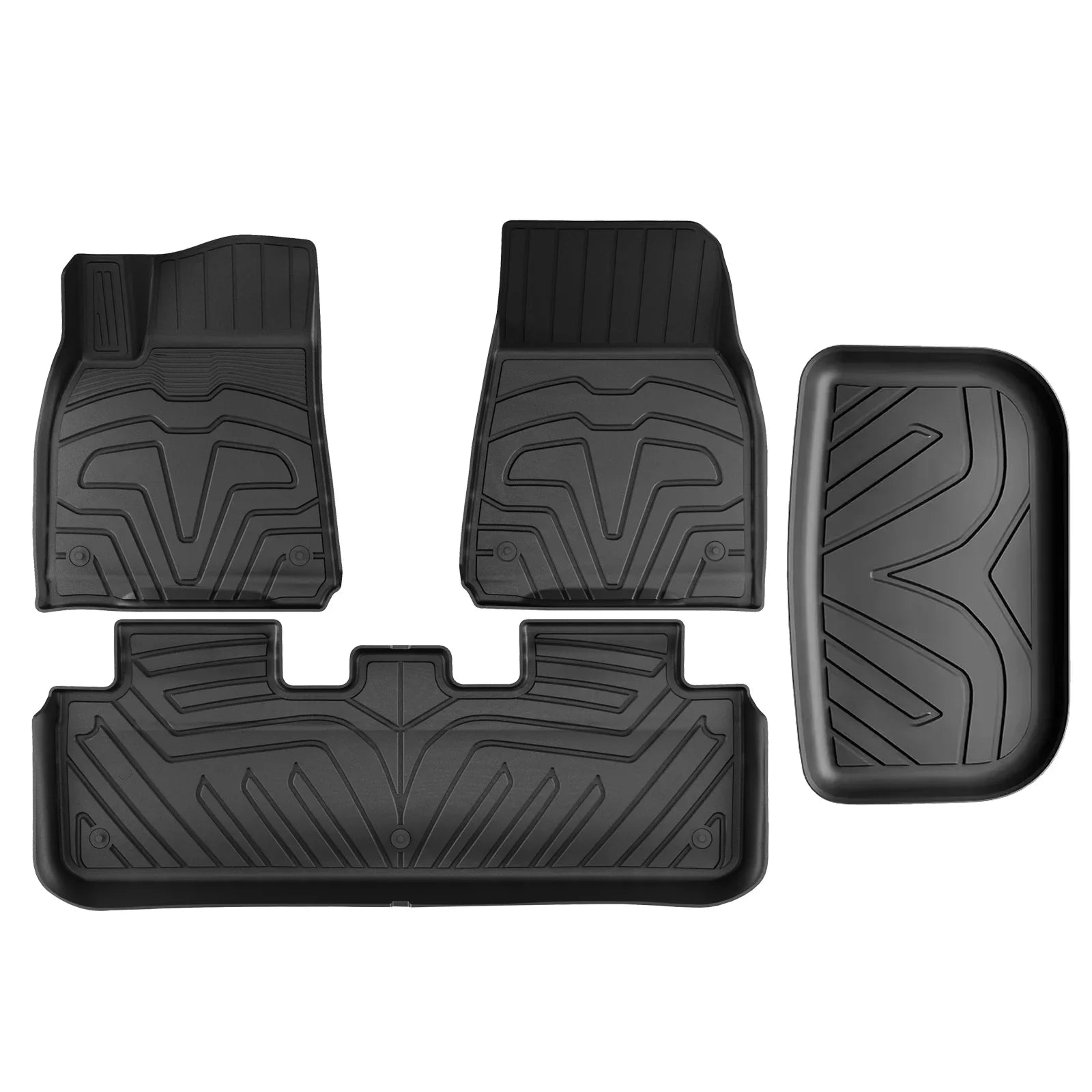 Ikon Motorsports 3D TPE Floor Mats + Trunk Mat Fitting with 2020-2023 Tesla Model Y, All Climate Floor Liners, Front & 2nd Row Full Set Custom Protection Heavy Duty Rear Tray Cargo Mats, Black