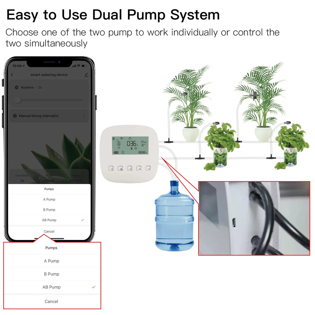 Arealer Automatic Watering System Smart Watering Device Dual Pump System WiFi/ Voice/ Manual Control Programmable Watering Time Built-in Battery Solar Panel/ USB Charging Fitting with Home for