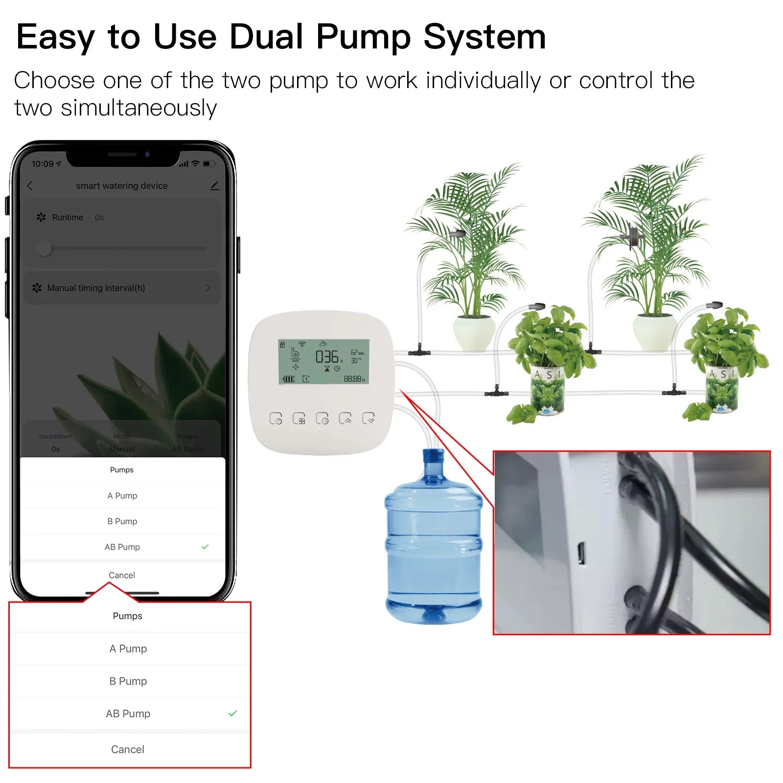 Arealer Automatic Watering System Smart Watering Device Dual Pump System WiFi/ Voice/ Manual Control Programmable Watering Time Built-in Battery Solar Panel/ USB Charging Fitting with Home for